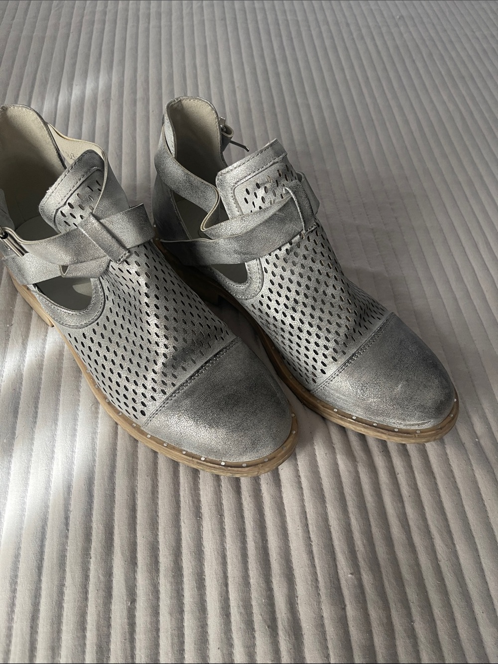Perforated Metallic Silver Leather Mules with Strap